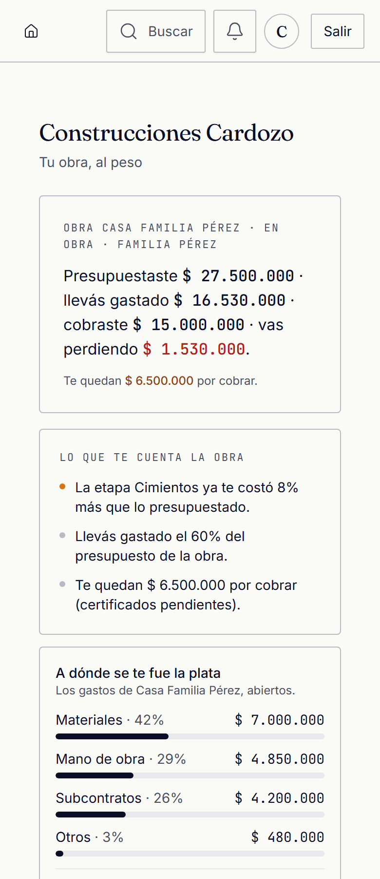 Pantalla de NODO Construcción en un celular: la obra por etapas, los gastos y los certificados por cobrar.