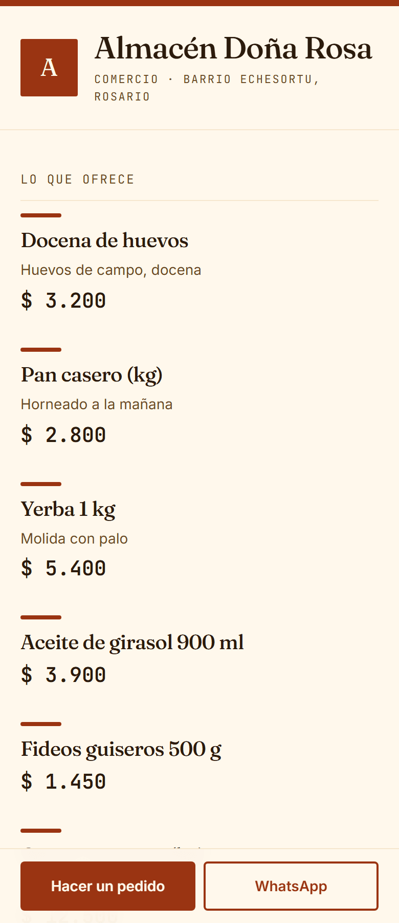 La página de un almacén en un celular: sus productos con precio y el botón para hacer el pedido.