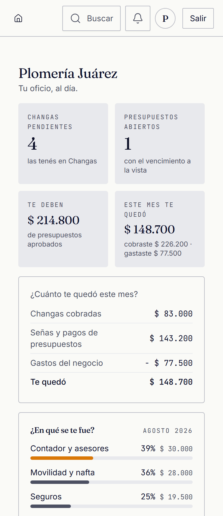 Pantalla de NODO Oficios en un celular: changas, presupuestos y la cuenta del mes.