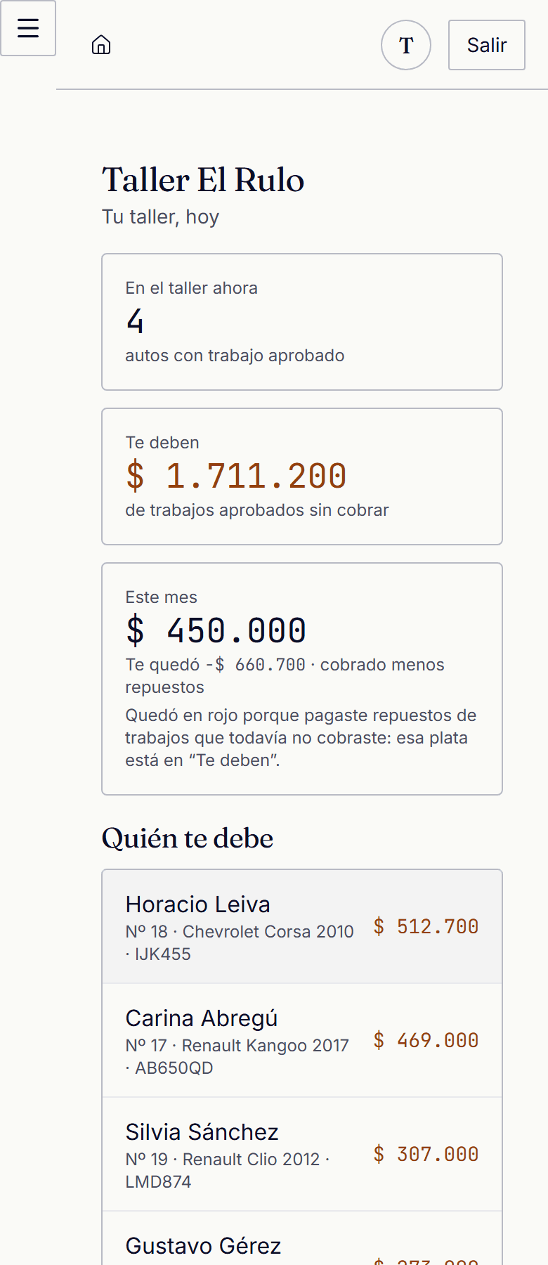 Pantalla de NODO Taller en un celular: los autos en el taller, qué te deben y quién.