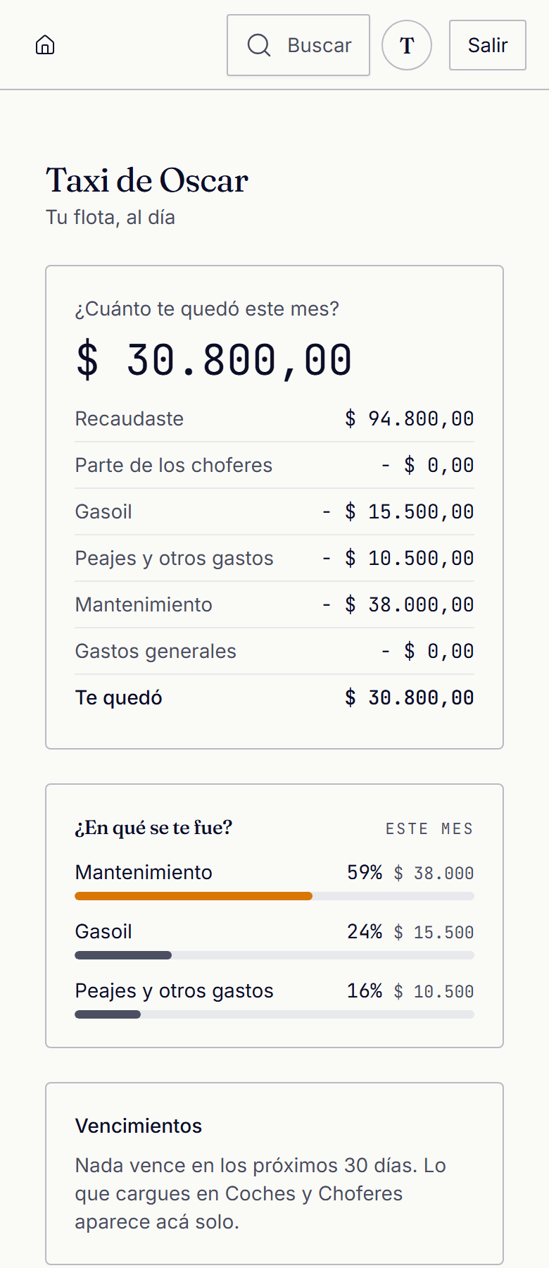 Pantalla de NODO Transporte en un celular: la recaudación del día y cuánto quedó.